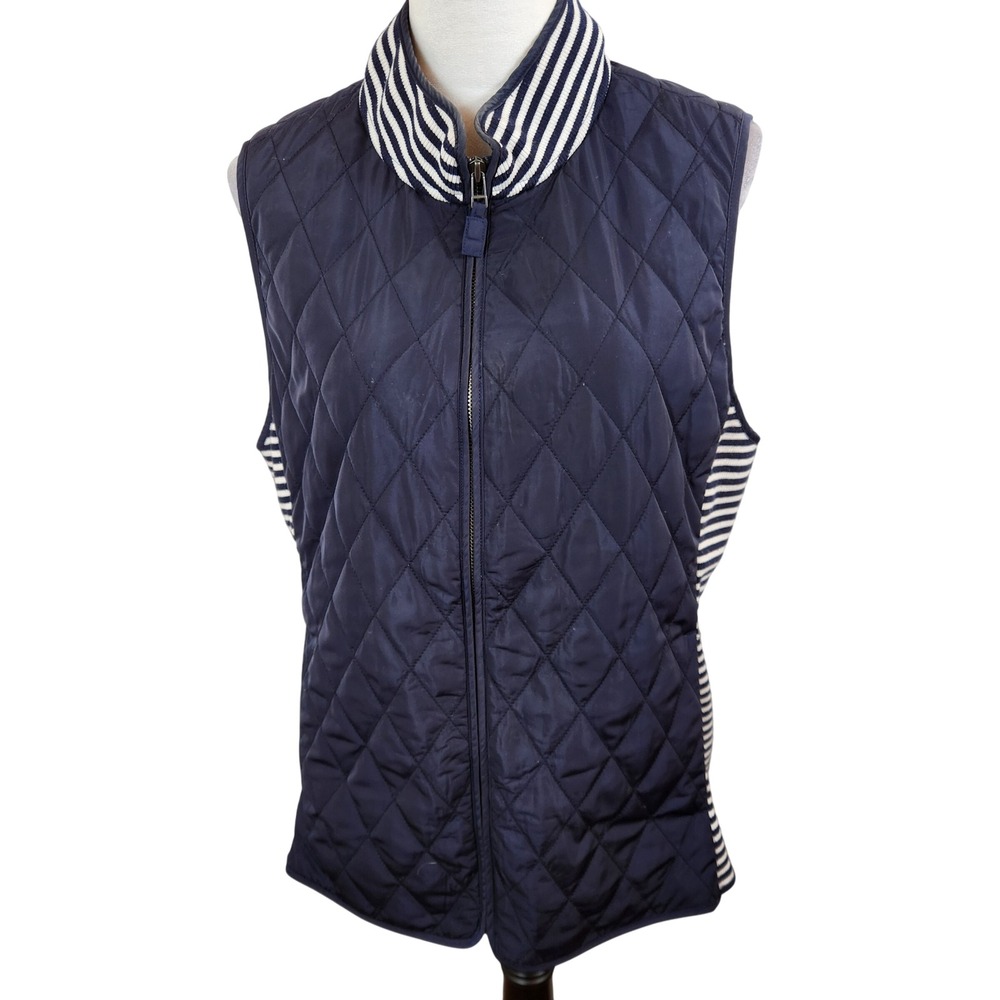 TALBOTS Quilted Zip Vest Navy Blue White Stripe Collar Sleeveless Women's M